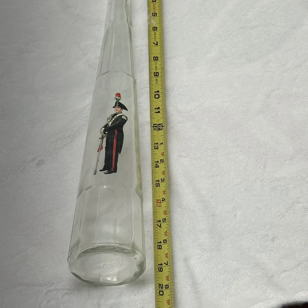 Bolaro Glass Decanter Italy Clear Tall Soldier Graphic FacetedBase Excellent Vtg